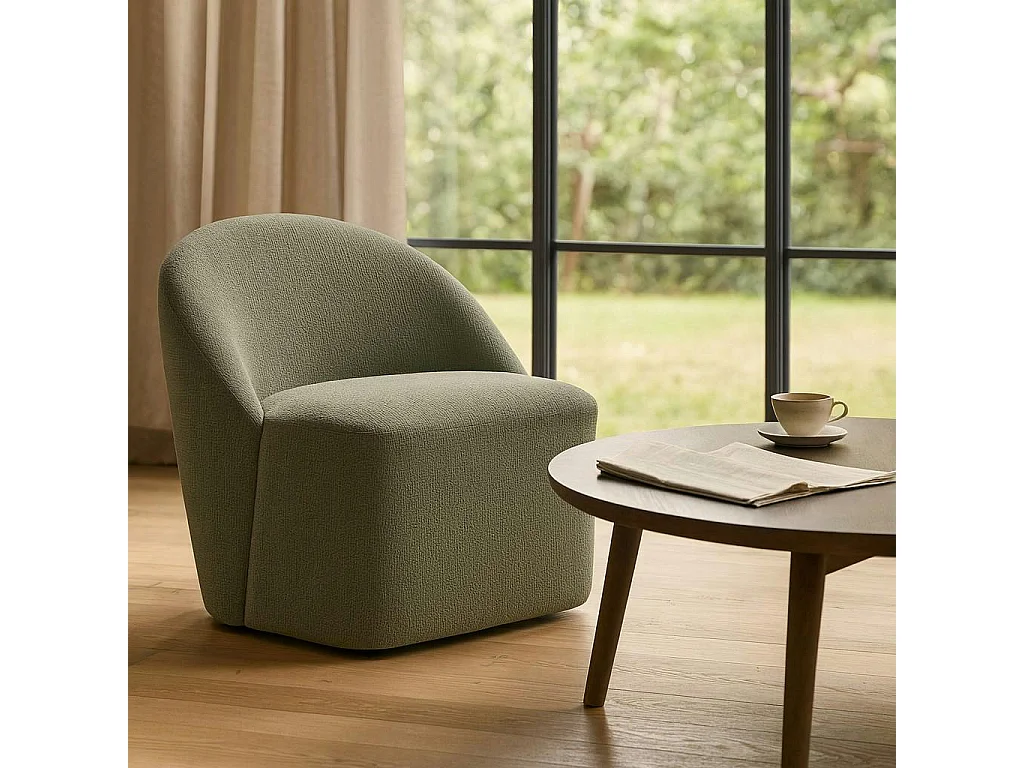 Fauteuil pivotant vert dossier rond tissu texturé doux IENA