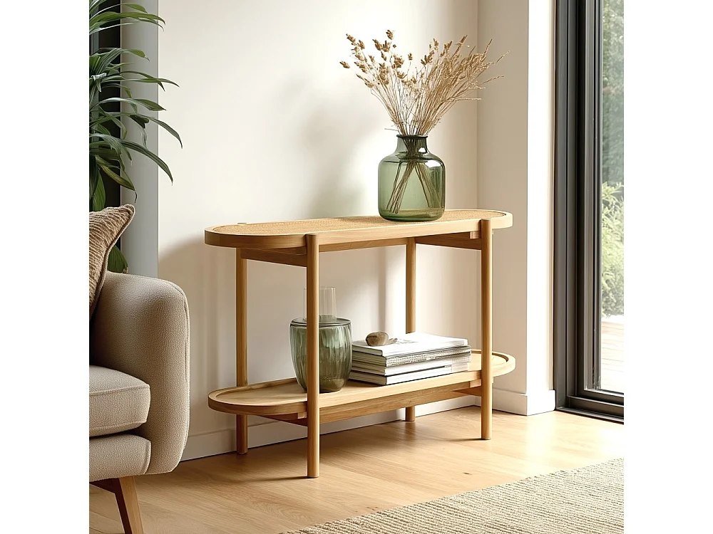 AMY - Console en mindi avec tablette supérieure en rotin naturel AMY