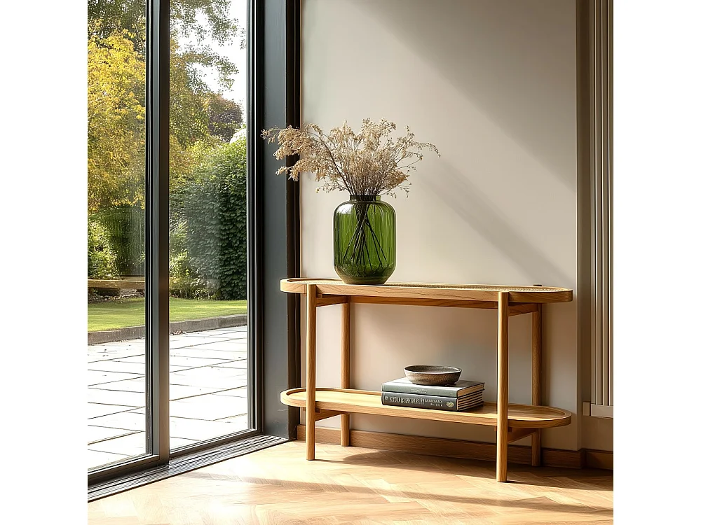 AMY - Console en mindi avec tablette supérieure en rotin naturel AMY