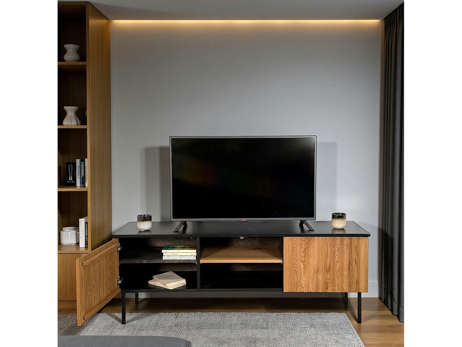 Meuble TV en bois bicolore avec façade ondulée TARAN