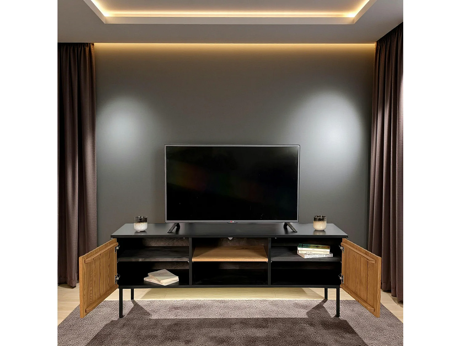 Meuble TV en bois bicolore avec façade ondulée TARAN