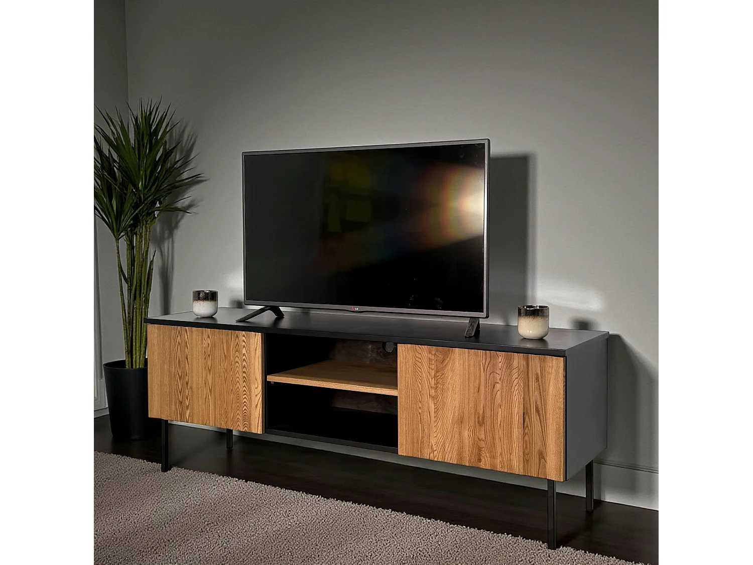 Meuble TV en bois bicolore avec façade ondulée TARAN