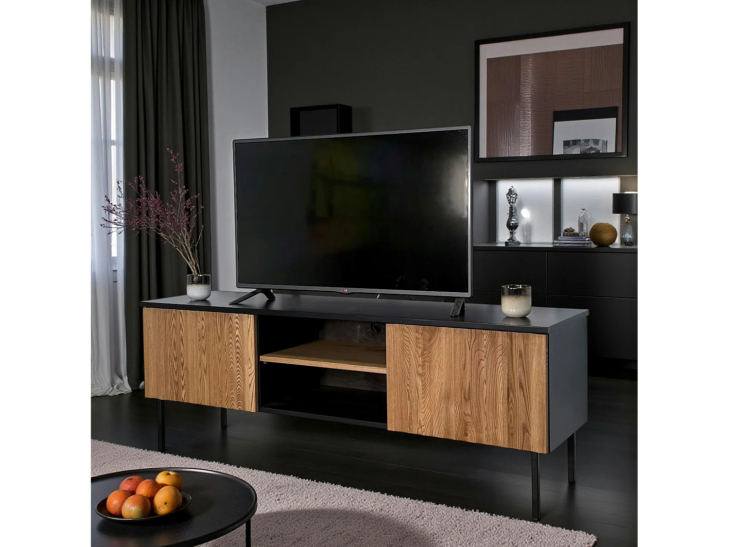 Meuble TV en bois bicolore avec façade ondulée TARAN