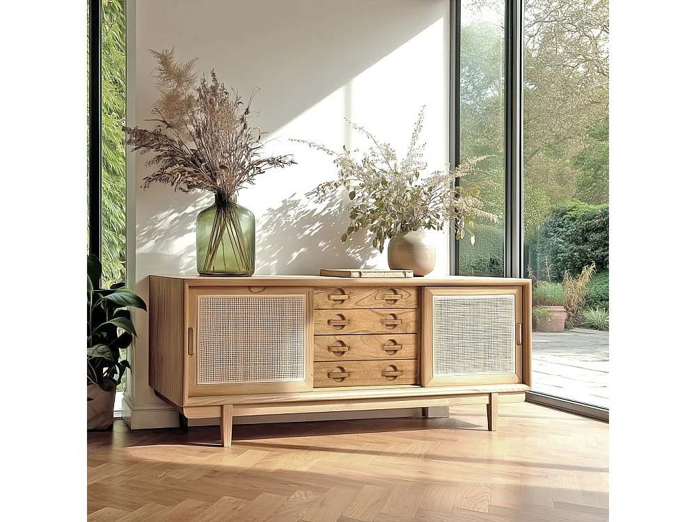 AMY - Meuble TV en bois de mindi et rotin naturel AMY