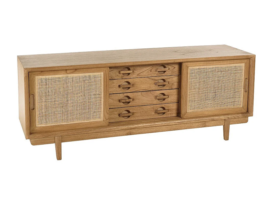 AMY - Meuble TV en bois de mindi et rotin naturel AMY