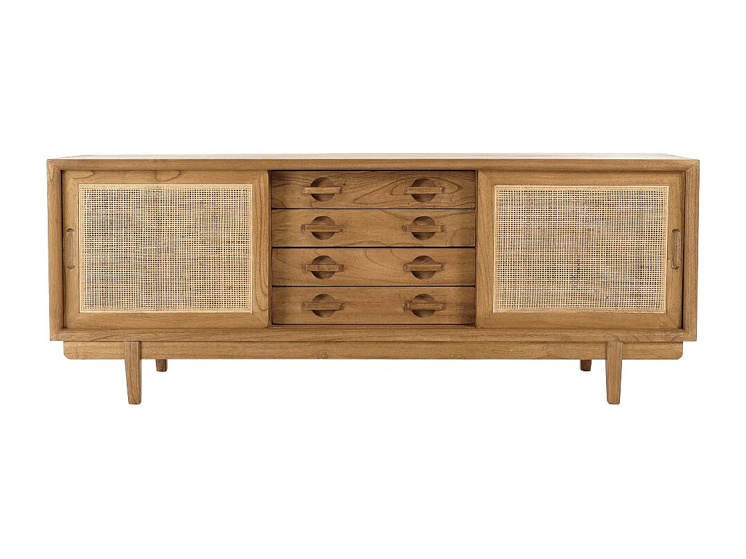 AMY - Meuble TV en bois de mindi et rotin naturel AMY