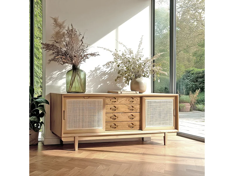 AMY - Meuble TV en bois de mindi et rotin naturel AMY