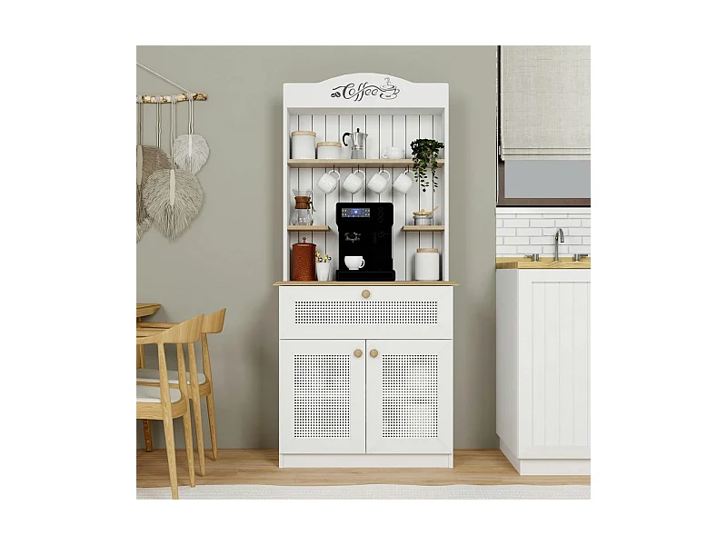 Vaisselier de cuisine blanc, cannage & niche café VAREN