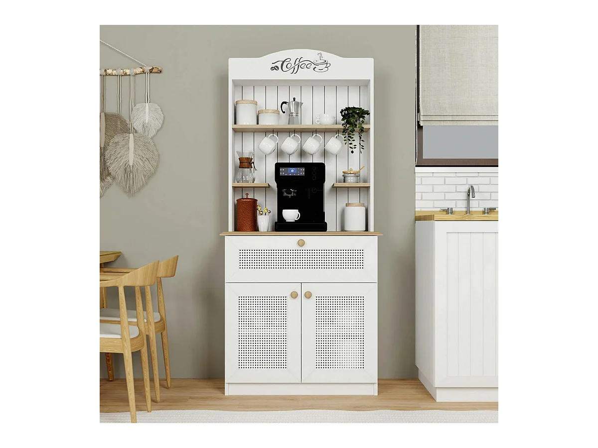 Vaisselier de cuisine blanc, cannage & niche café VAREN