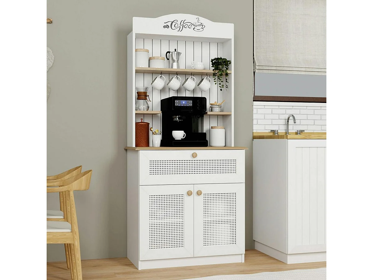 Vaisselier de cuisine blanc, cannage & niche café VAREN