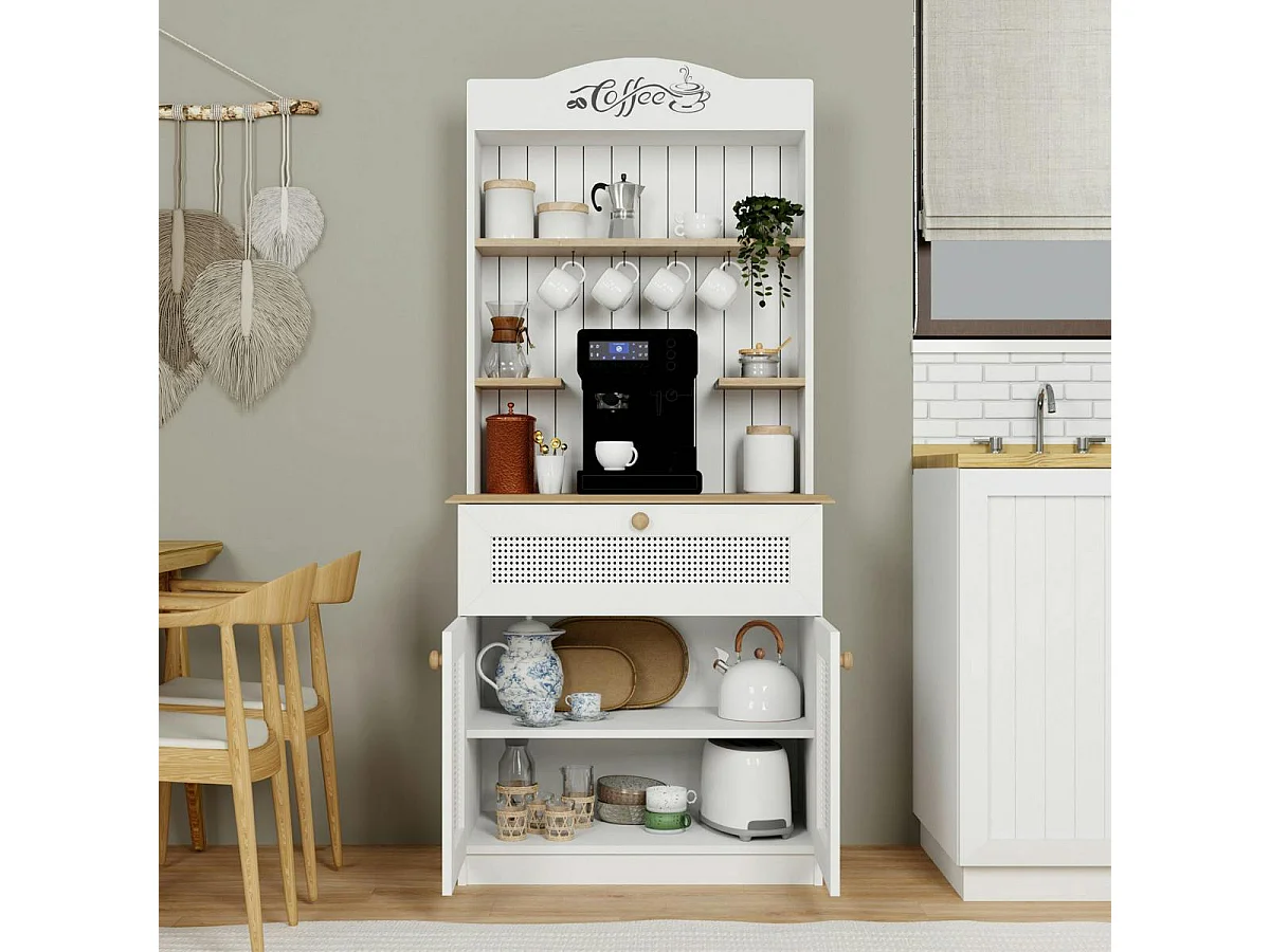 Vaisselier de cuisine blanc, cannage & niche café VAREN