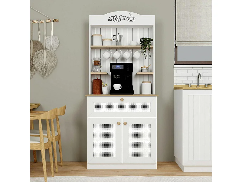 Vaisselier de cuisine blanc, cannage & niche café VAREN