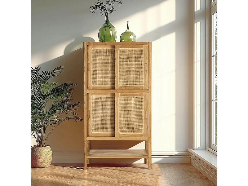 AMY - Vaisselier 2 étagères 2 portes coulissantes mindi / rotin naturel AMY