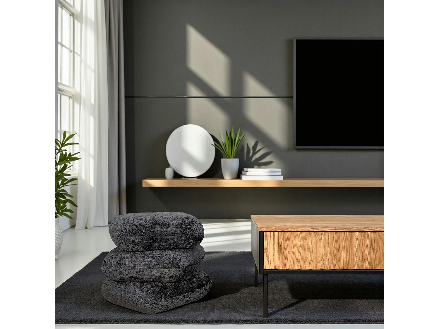 Pouf pivotant gris foncé effet coussins empilés IENA