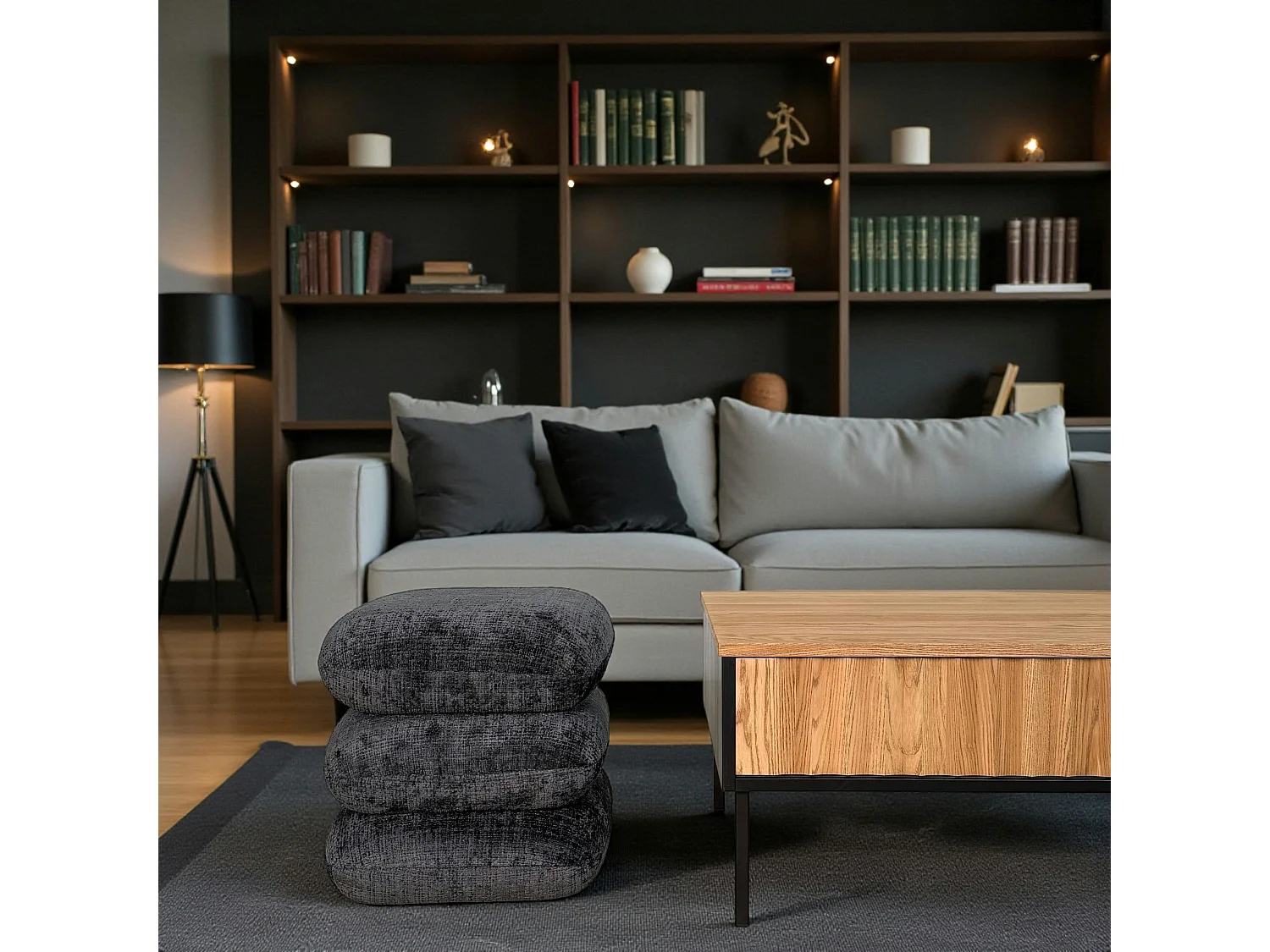 Pouf pivotant gris foncé effet coussins empilés IENA