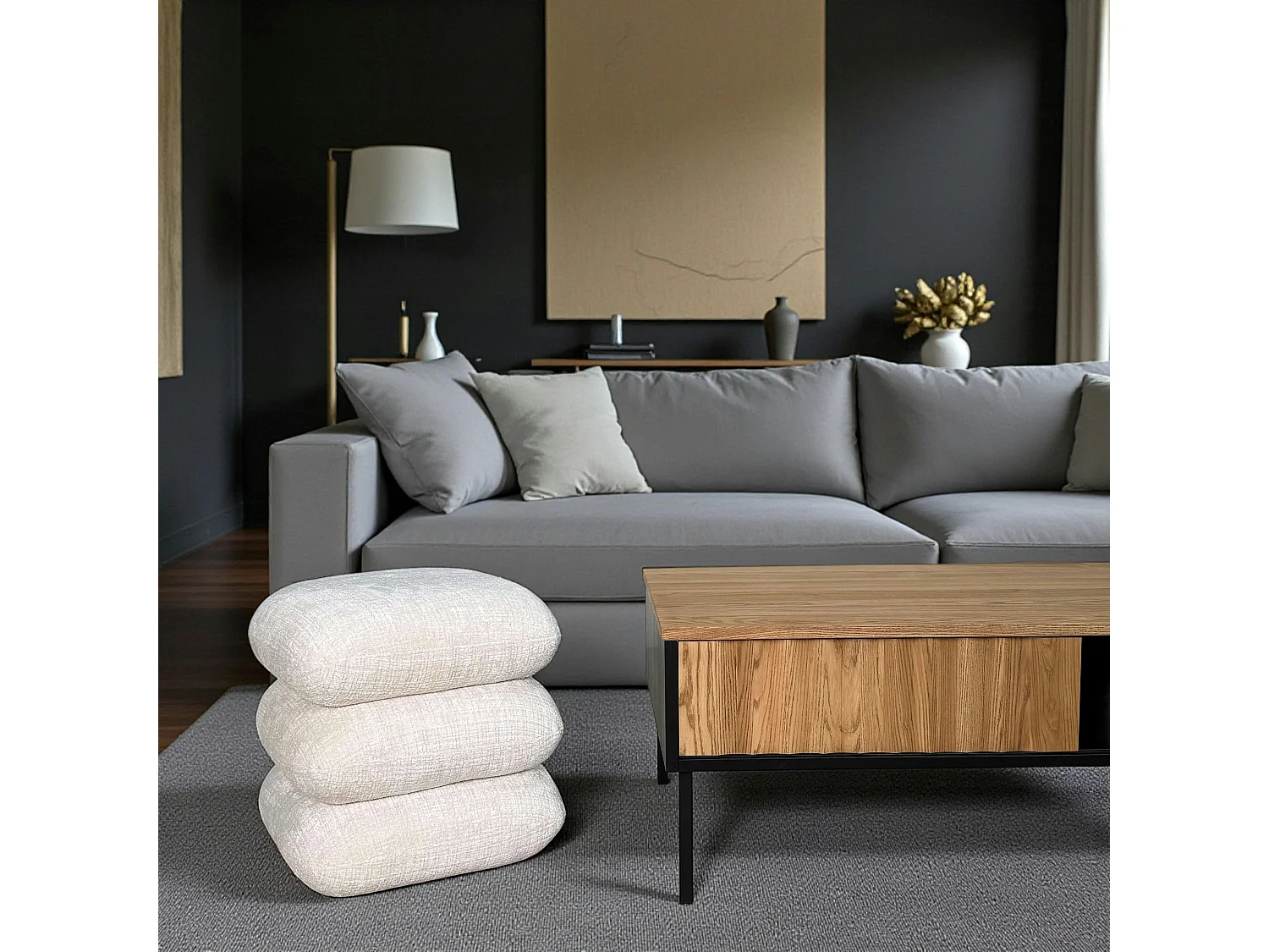 Pouf pivotant écru effet coussins empilés IENA