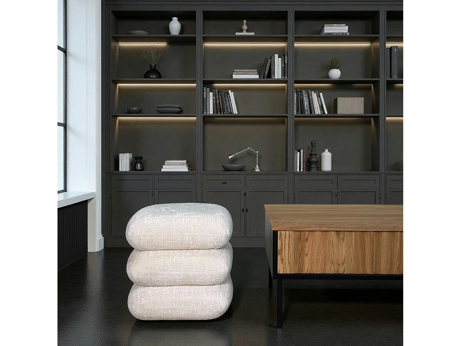 Pouf pivotant écru effet coussins empilés IENA