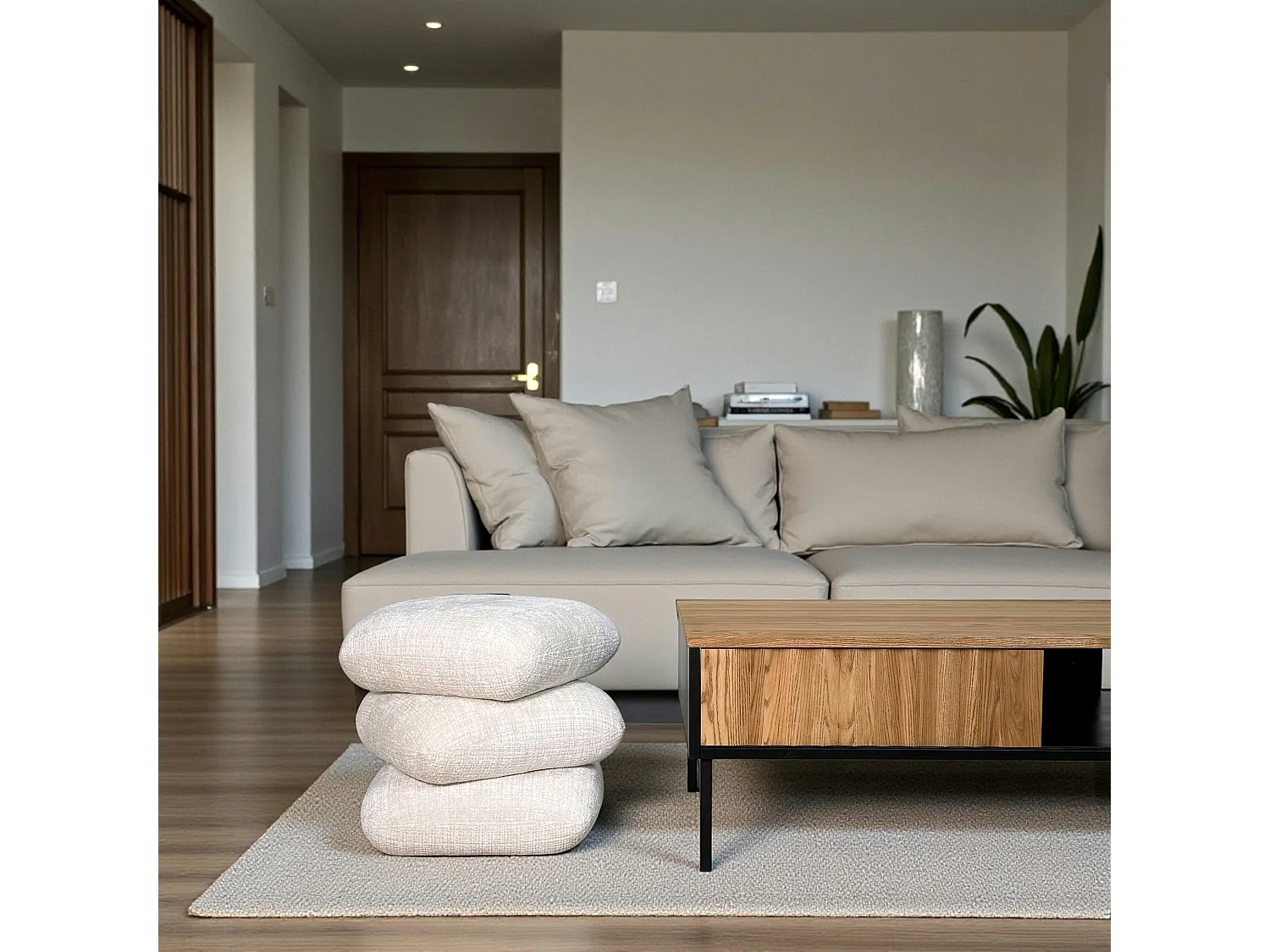 Pouf pivotant écru effet coussins empilés IENA