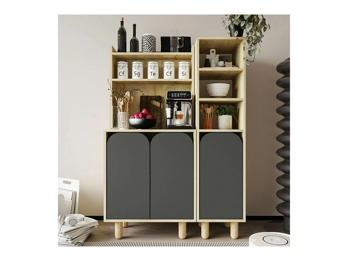 Vaisselier cuisine effet bois 3 portes anthracites VAREN