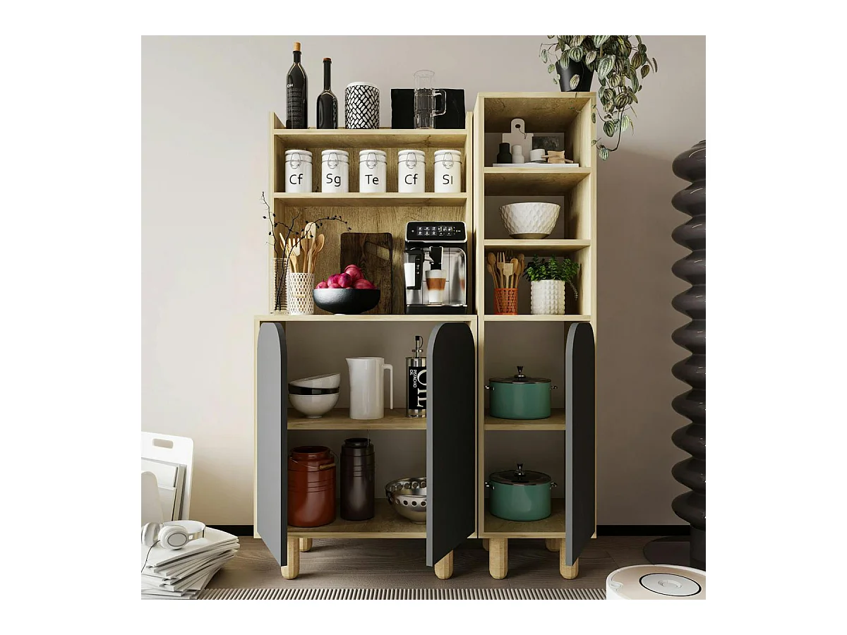 Vaisselier cuisine effet bois 3 portes anthracites VAREN