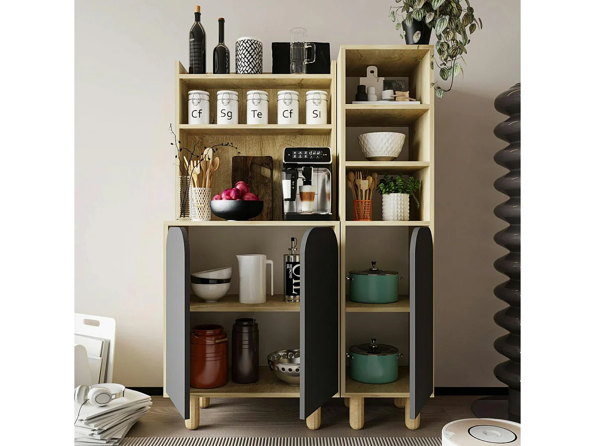 Vaisselier cuisine effet bois 3 portes anthracites VAREN