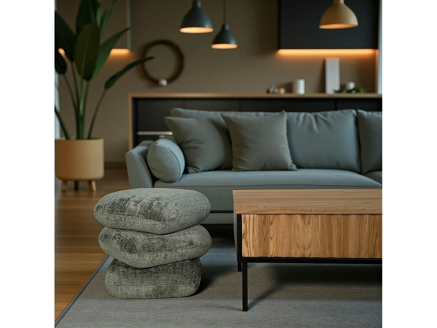 Pouf pivotant vert effet coussins empilés IENA