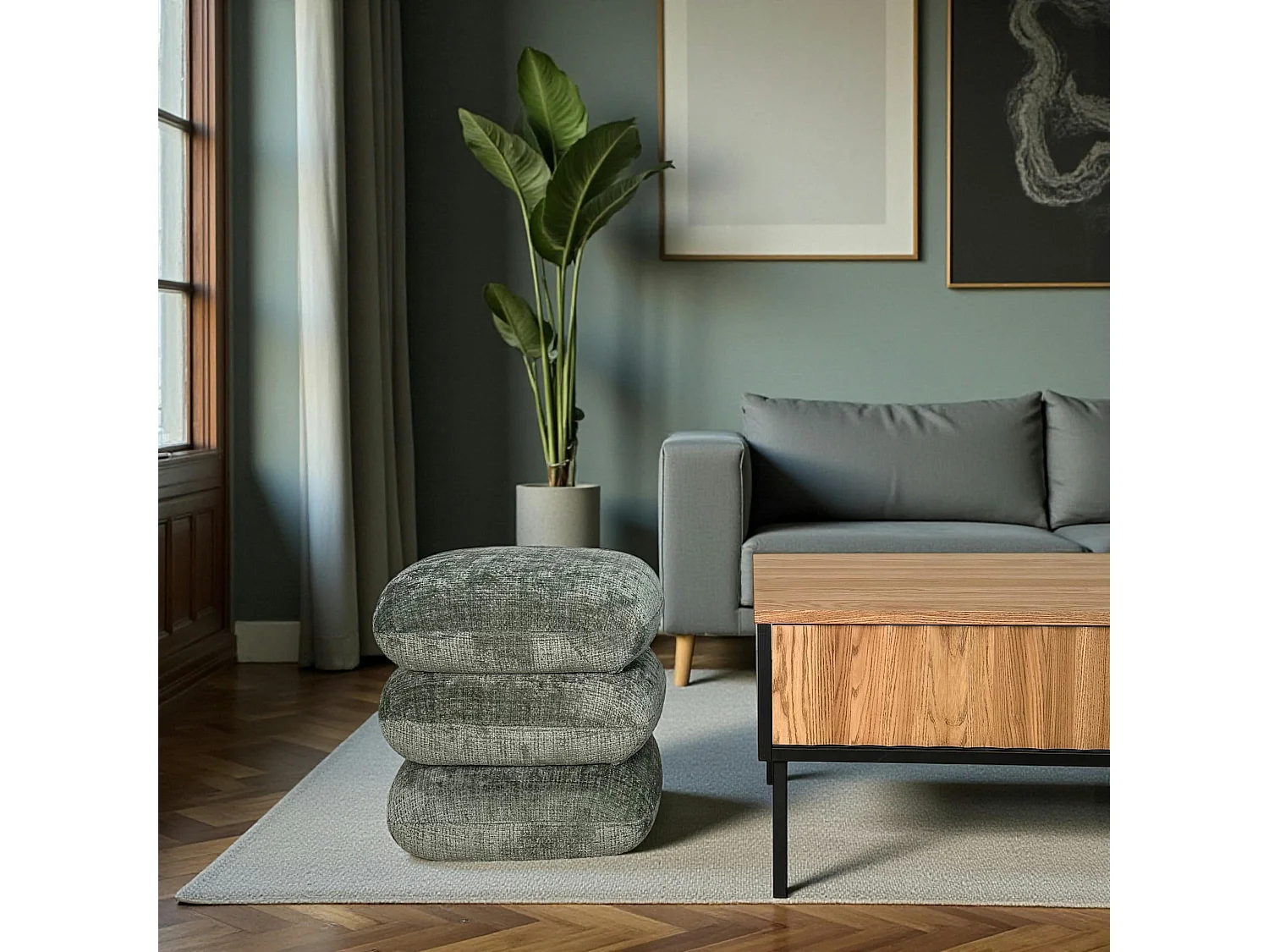 Pouf pivotant vert effet coussins empilés IENA