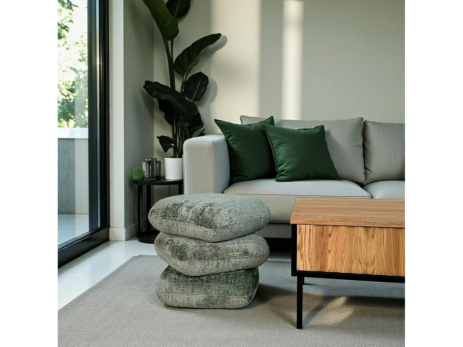 Pouf pivotant vert effet coussins empilés IENA