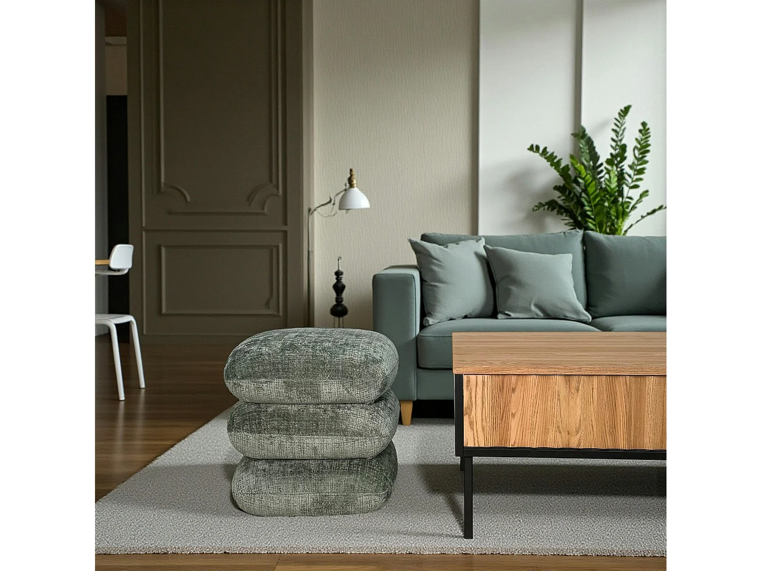 Pouf pivotant vert effet coussins empilés IENA