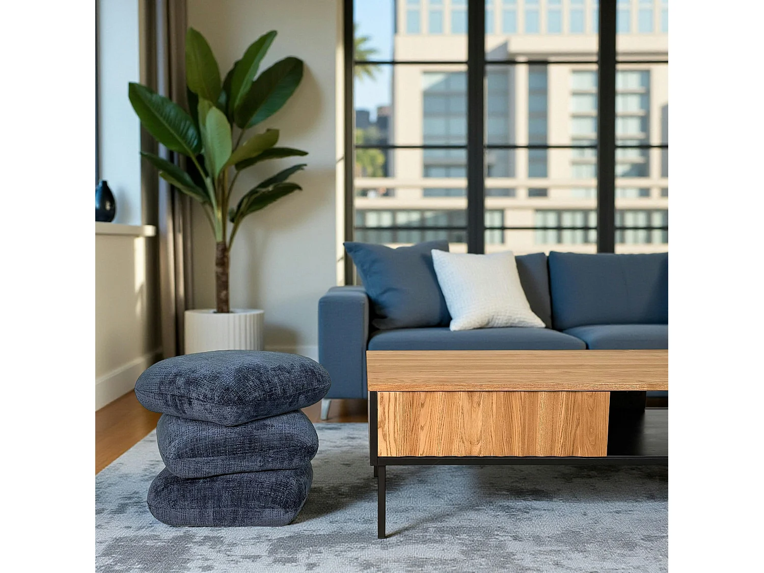 Pouf pivotant bleu nuit effet coussins empilés IENA