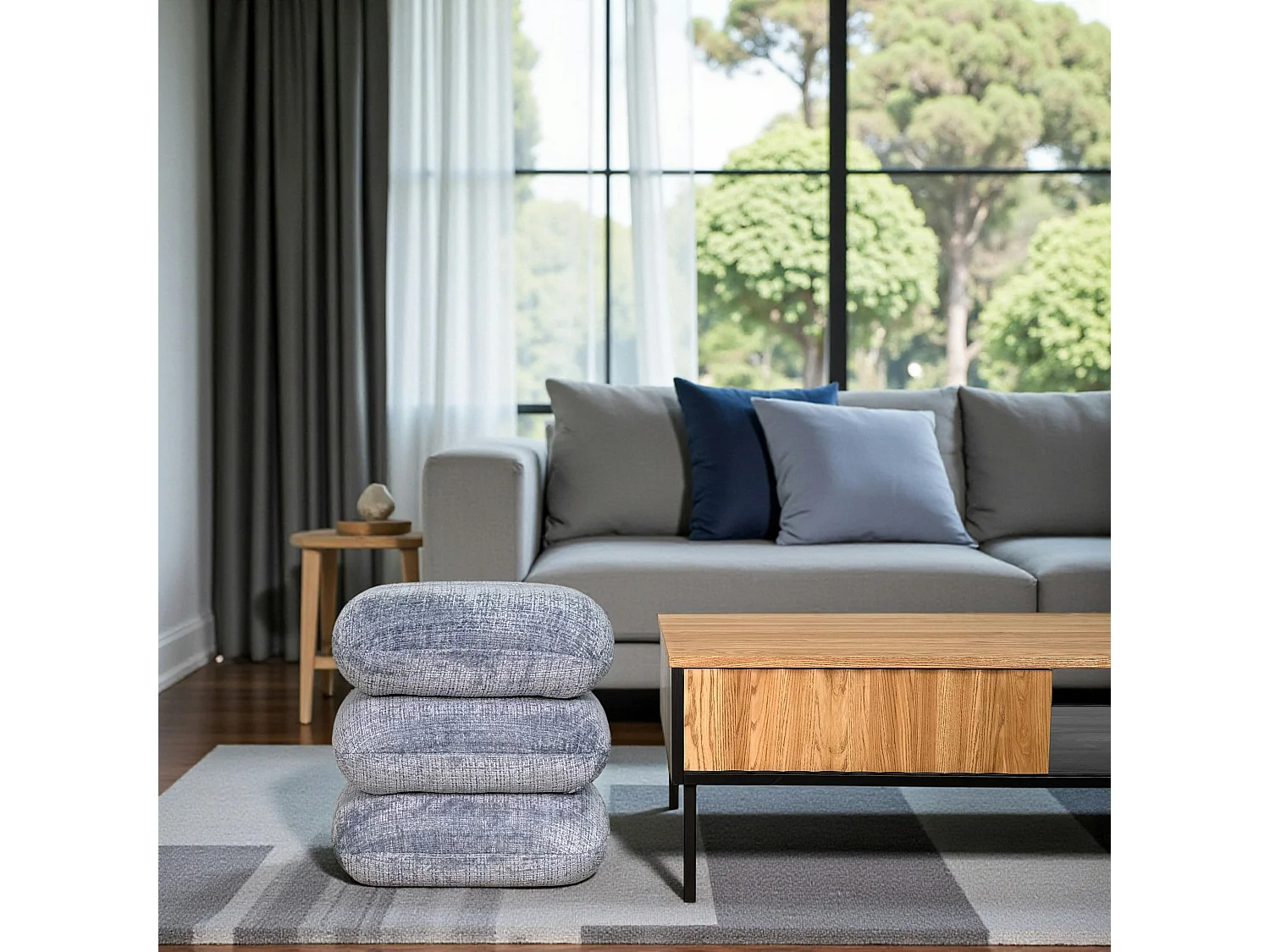 Pouf pivotant gris bleu effet coussins empilés IENA