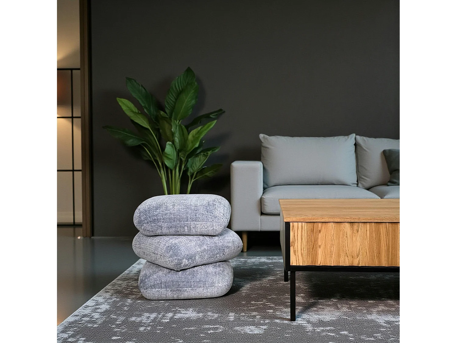 Pouf pivotant gris bleu effet coussins empilés IENA