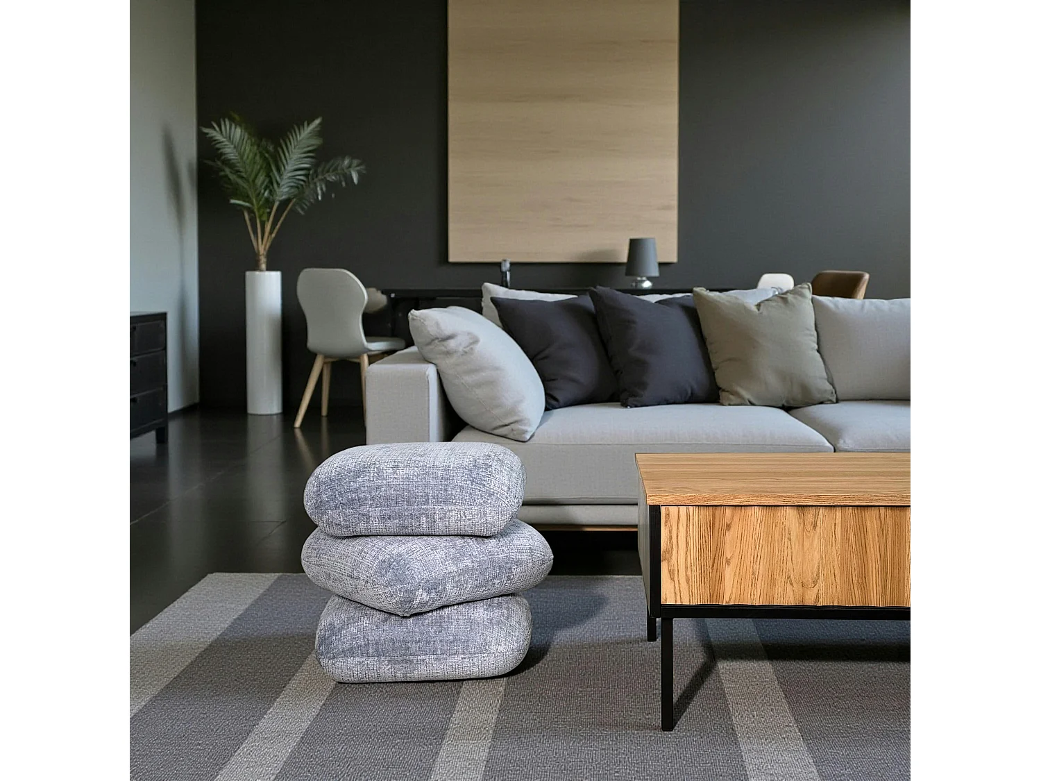 Pouf pivotant gris bleu effet coussins empilés IENA