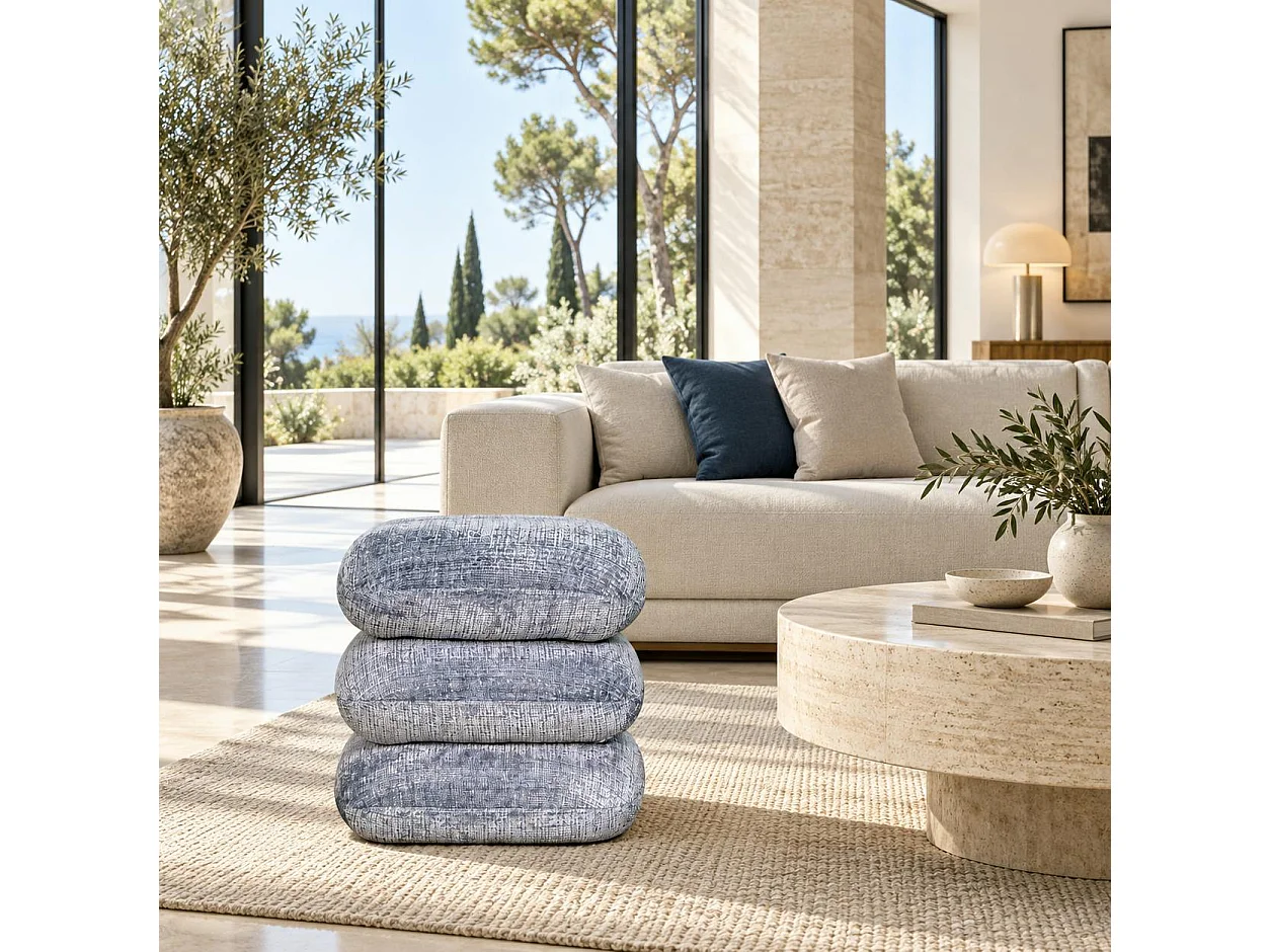 Pouf pivotant gris bleu effet coussins empilés IENA