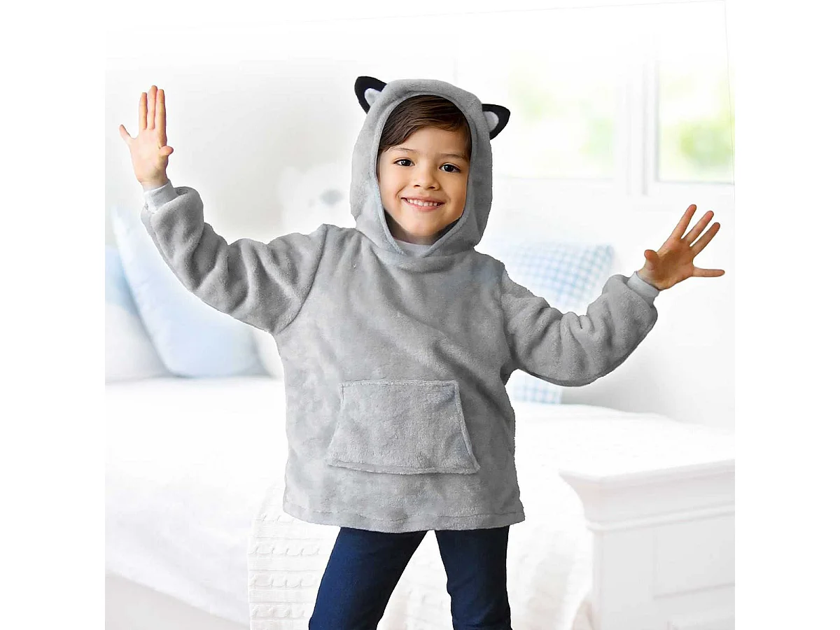 Sweat à Capuche Plaid Loup Gris 4-6ans Pliable en Coussin - NIMALYS