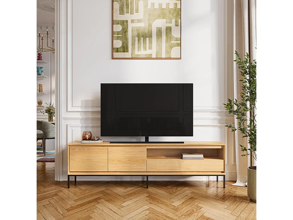 Habitat - Meuble TV 2 portes 1 tiroir en chêne et métal noir - Naturel - Design by Hélèna Pille - Flavie