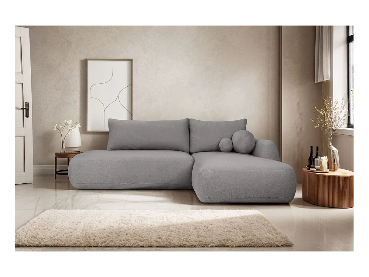 Canapé d'angle convertible FABIO 5 places en tissu bouclette - angle droit - gris clair