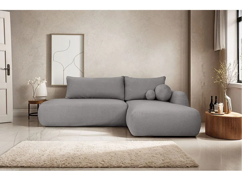 Canapé d'angle convertible FABIO 5 places en tissu bouclette - angle droit - Gris anthracite