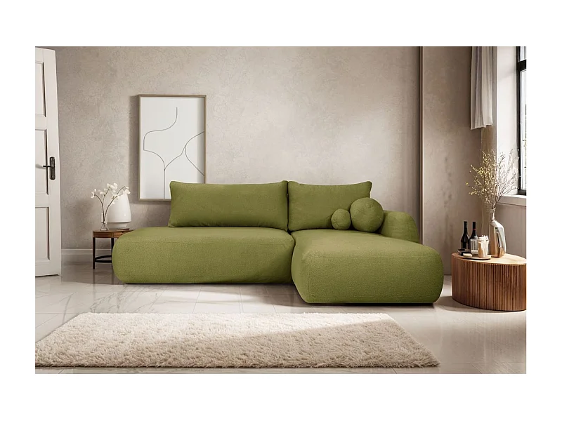 Canapé d'angle convertible FABIO 5 places en tissu bouclette - angle droit - vert kaki