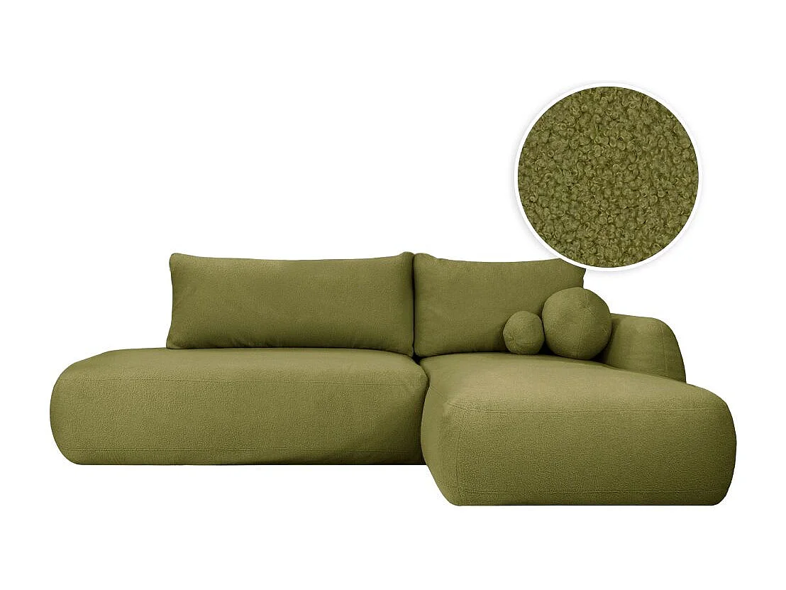 Canapé d'angle convertible FABIO 5 places en tissu bouclette - angle droit - vert kaki