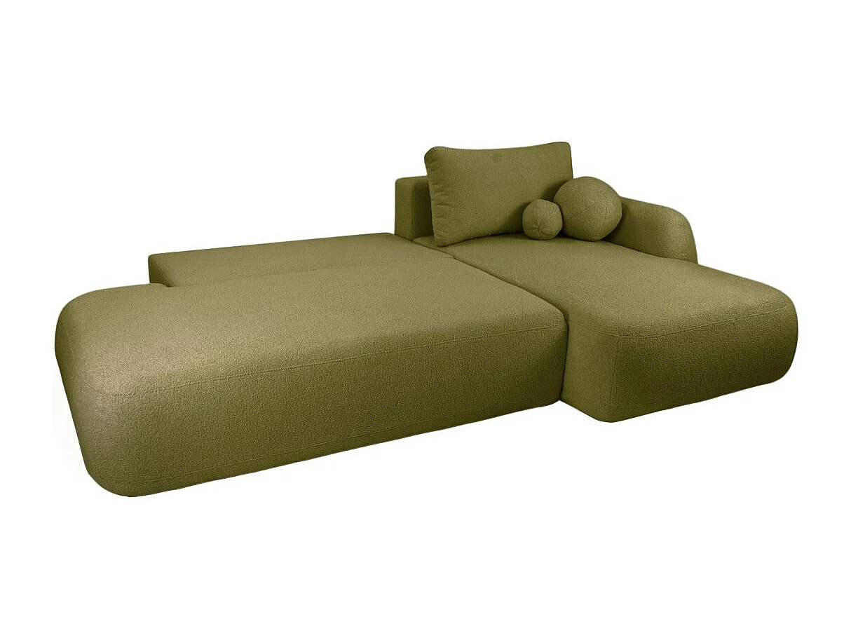 Canapé d'angle convertible FABIO 5 places en tissu bouclette - angle droit - vert kaki