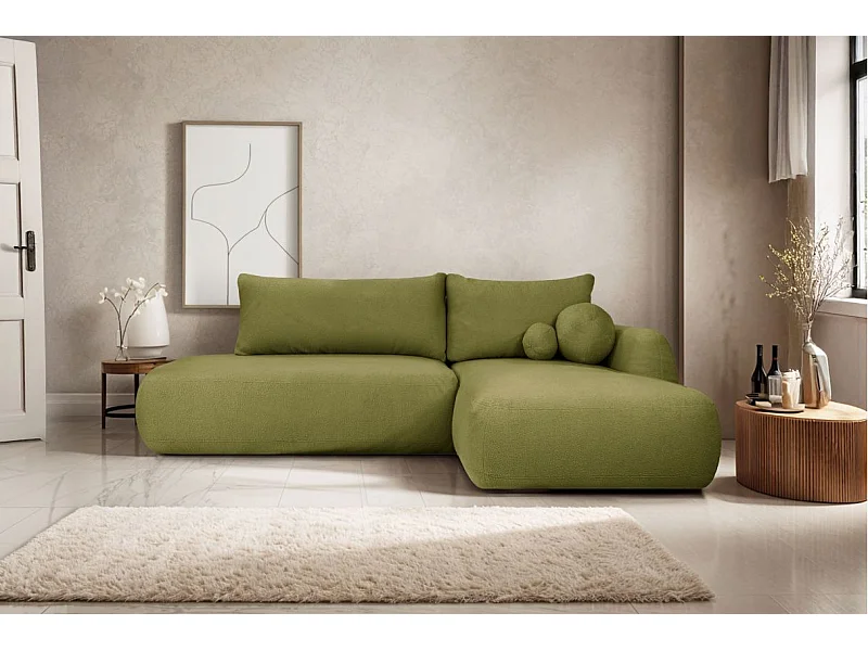 Canapé d'angle convertible FABIO 5 places en tissu bouclette - angle droit - vert kaki