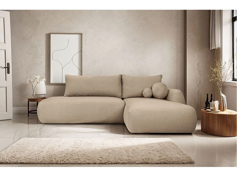 Canapé d'angle convertible FABIO 5 places en tissu bouclette - angle droit - taupe