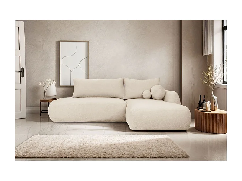 Canapé d'angle convertible FABIO 5 places en tissu bouclette - angle droit - blanc cassé