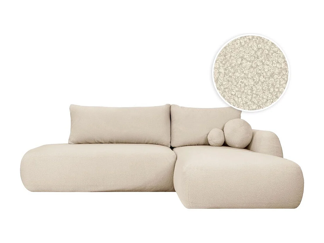 Canapé d'angle convertible FABIO 5 places en tissu bouclette - angle droit - blanc cassé