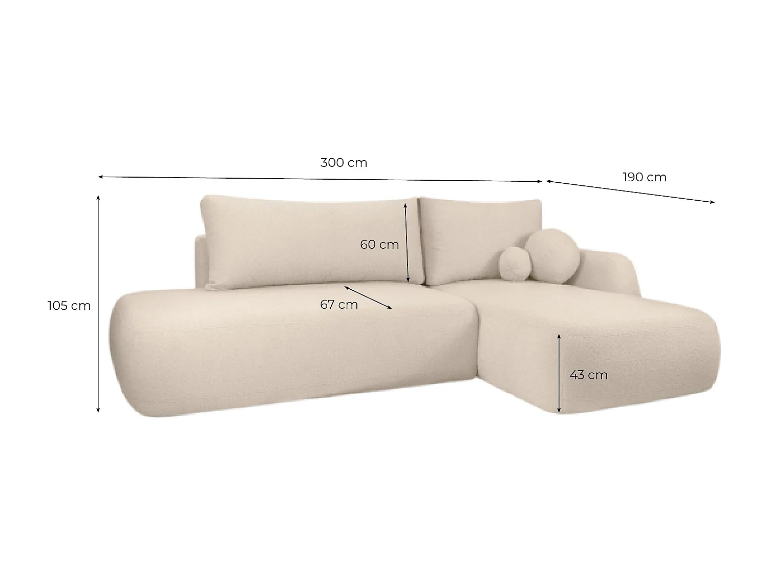 Canapé d'angle convertible FABIO 5 places en tissu bouclette - angle droit - blanc cassé