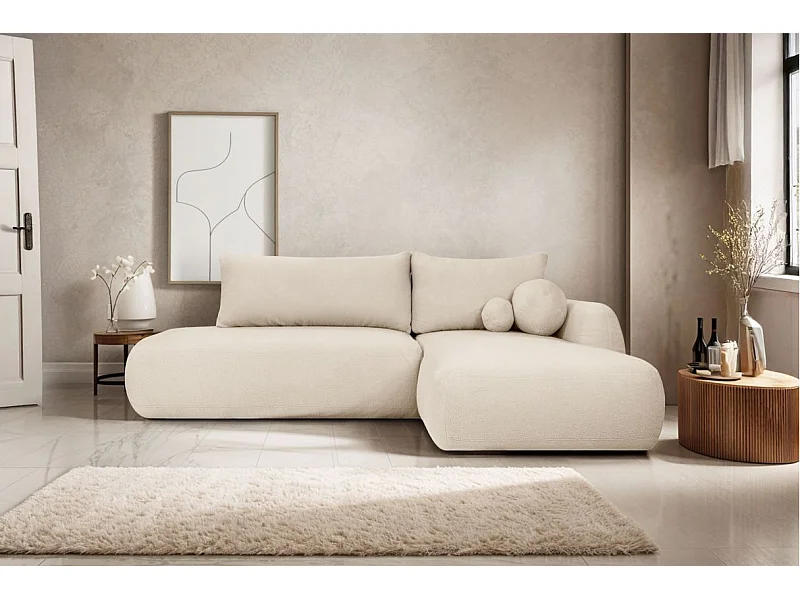 Canapé d'angle convertible FABIO 5 places en tissu bouclette - angle droit - blanc cassé