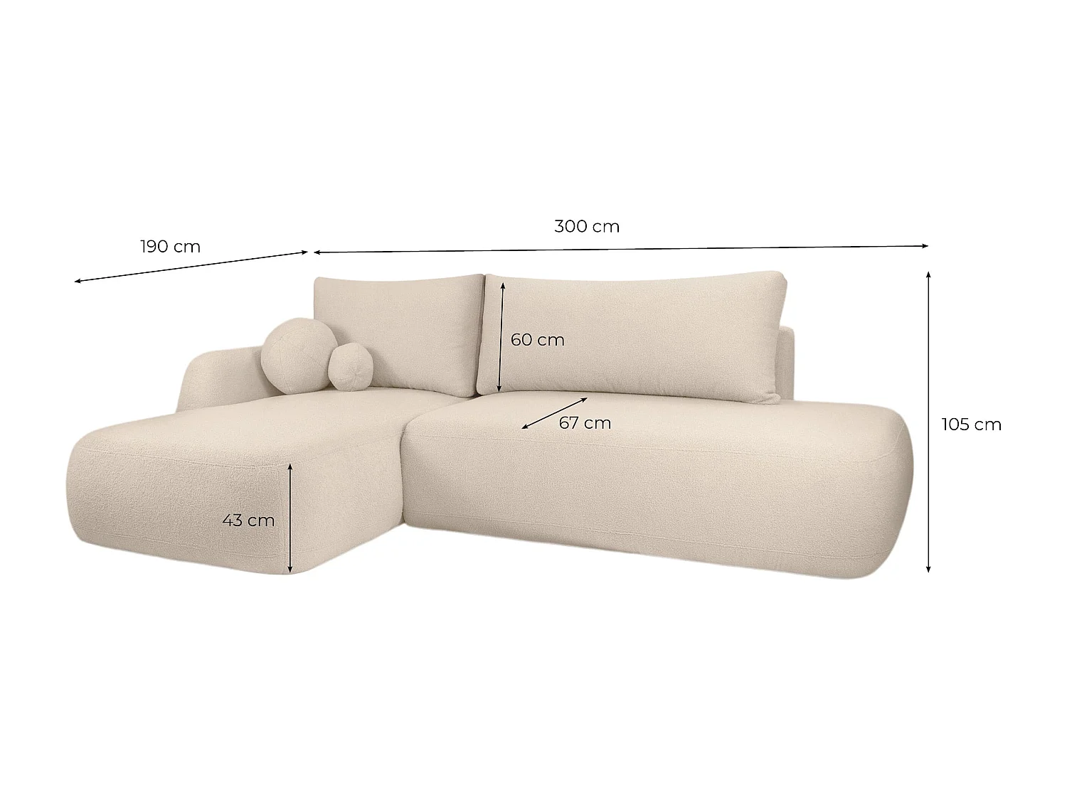 Canapé d'angle convertible FABIO 5 places en tissu bouclette - angle gauche - blanc cassé
