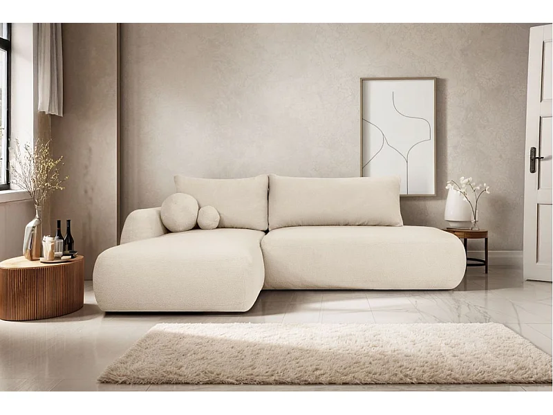 Canapé d'angle convertible FABIO 5 places en tissu bouclette - angle gauche - blanc cassé