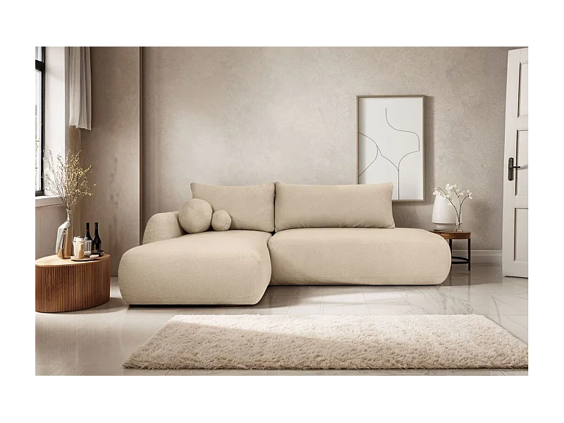 Canapé d'angle convertible FABIO 5 places en tissu bouclette - angle gauche - blanc cassé